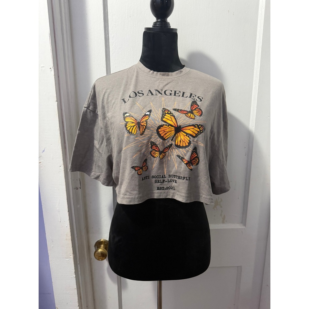 SHEIN Anti-Social Butterfly Grey Cropped Short Sleeve Top XS Los Angeles Graphic